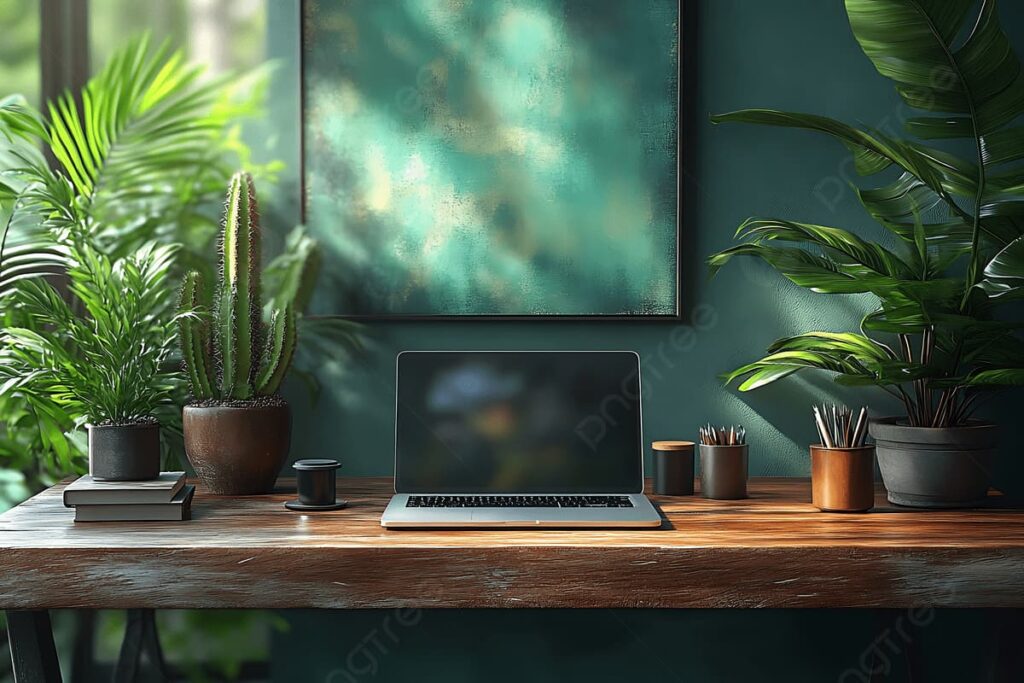 Pngtree cozy workspace with laptop and art surrounded by green plants picture image